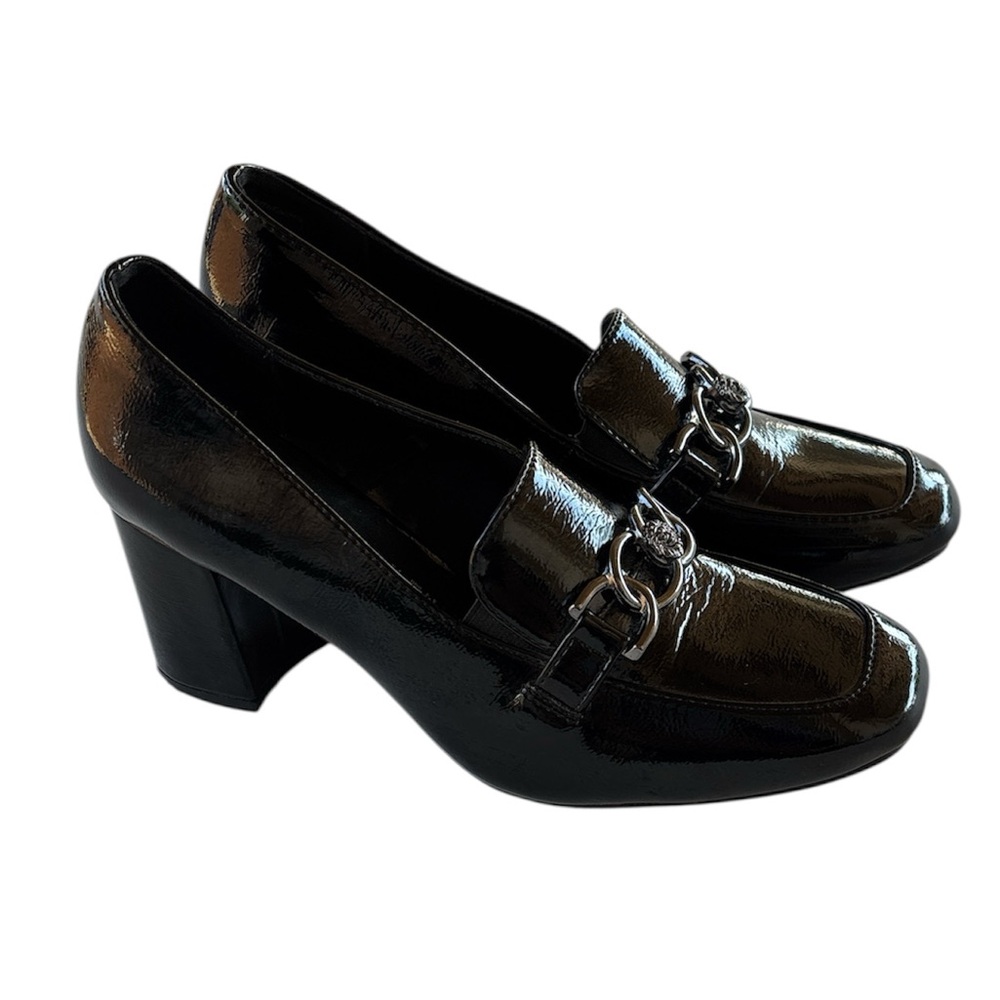Anne Klein Black Patent Leather Block Heel Loafers with Chain Accent